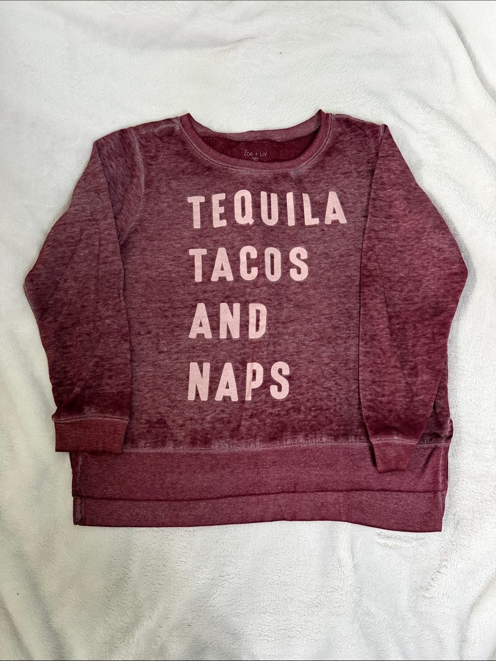 Zoe + Liv Maroon 'Tequila Tacos And Naps' Crew Sweatshirt